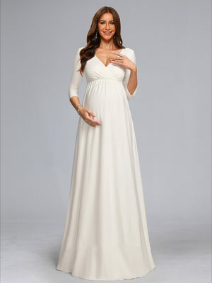A-Line/Princess V-Neck 3/4 Sleeves Floor-Length Baby Shower Wedding Dresses with Bowknot
