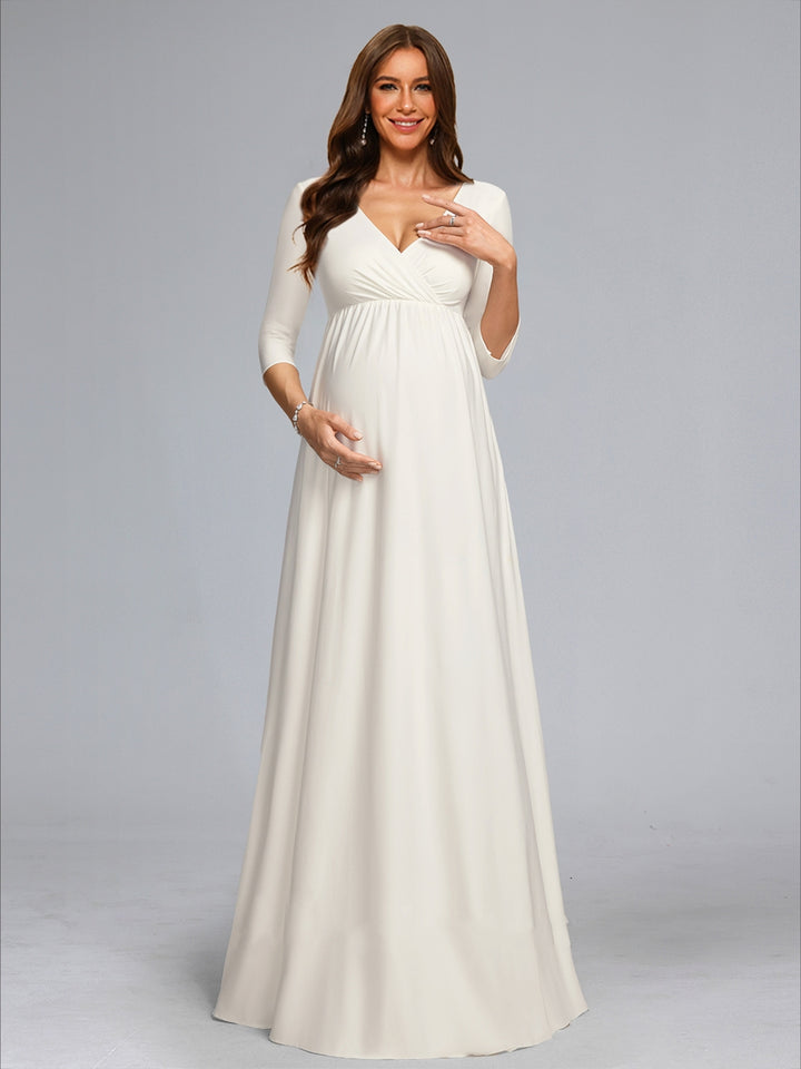 A-Line/Princess V-Neck 3/4 Sleeves Floor-Length Maternity Wedding Dresses with Bowknot