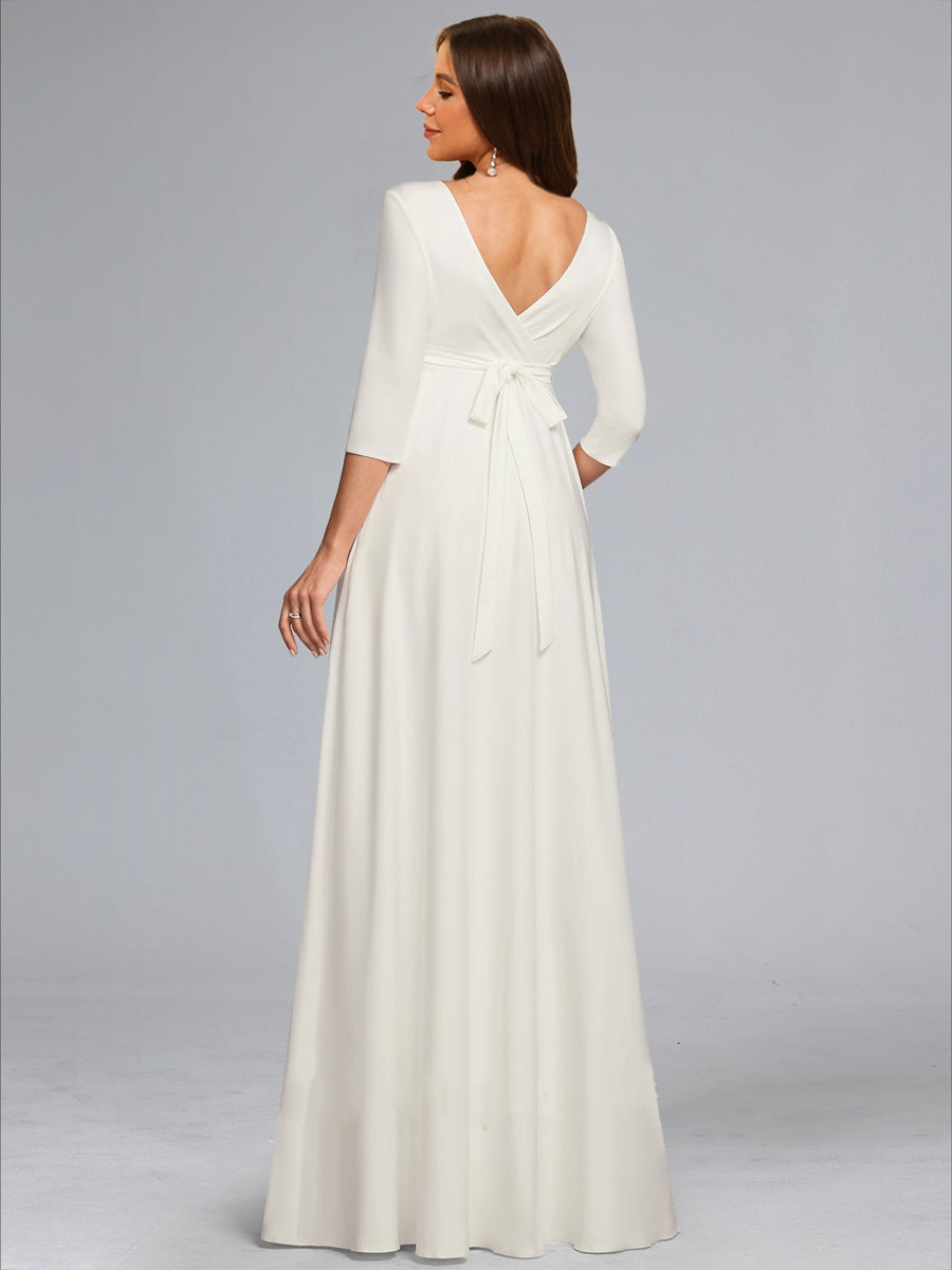 A-Line/Princess V-Neck 3/4 Sleeves Floor-Length Maternity Wedding Dresses with Bowknot