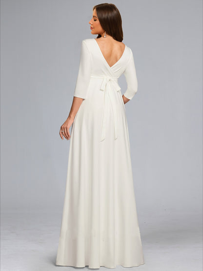 A-Line/Princess V-Neck 3/4 Sleeves Floor-Length Baby Shower Wedding Dresses with Bowknot