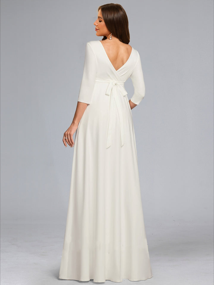 A-Line/Princess V-Neck 3/4 Sleeves Floor-Length Maternity Wedding Dresses with Bowknot
