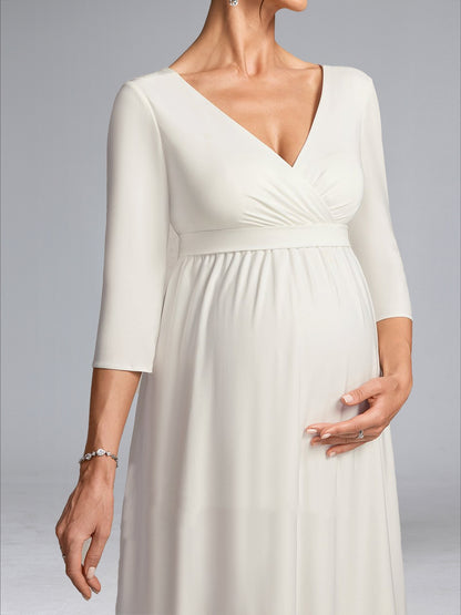 A-Line/Princess V-Neck 3/4 Sleeves Floor-Length Baby Shower Wedding Dresses with Bowknot