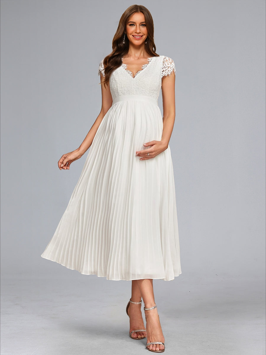 A-Line/Princess V-Neck Tea-Length Chiffon Pleated Maternity Wedding Dresses with Lace