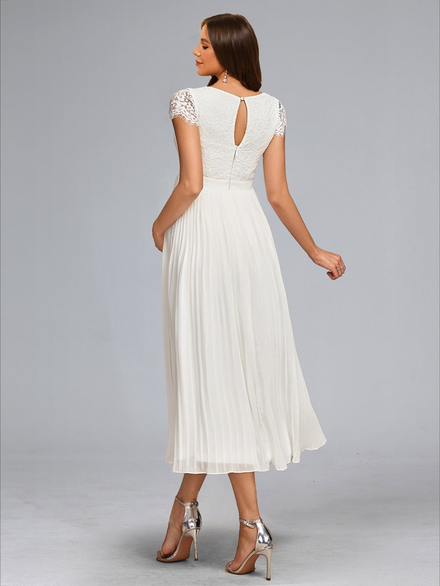 A-Line/Princess V-Neck Tea-Length Chiffon Pleated Maternity Wedding Dresses with Lace