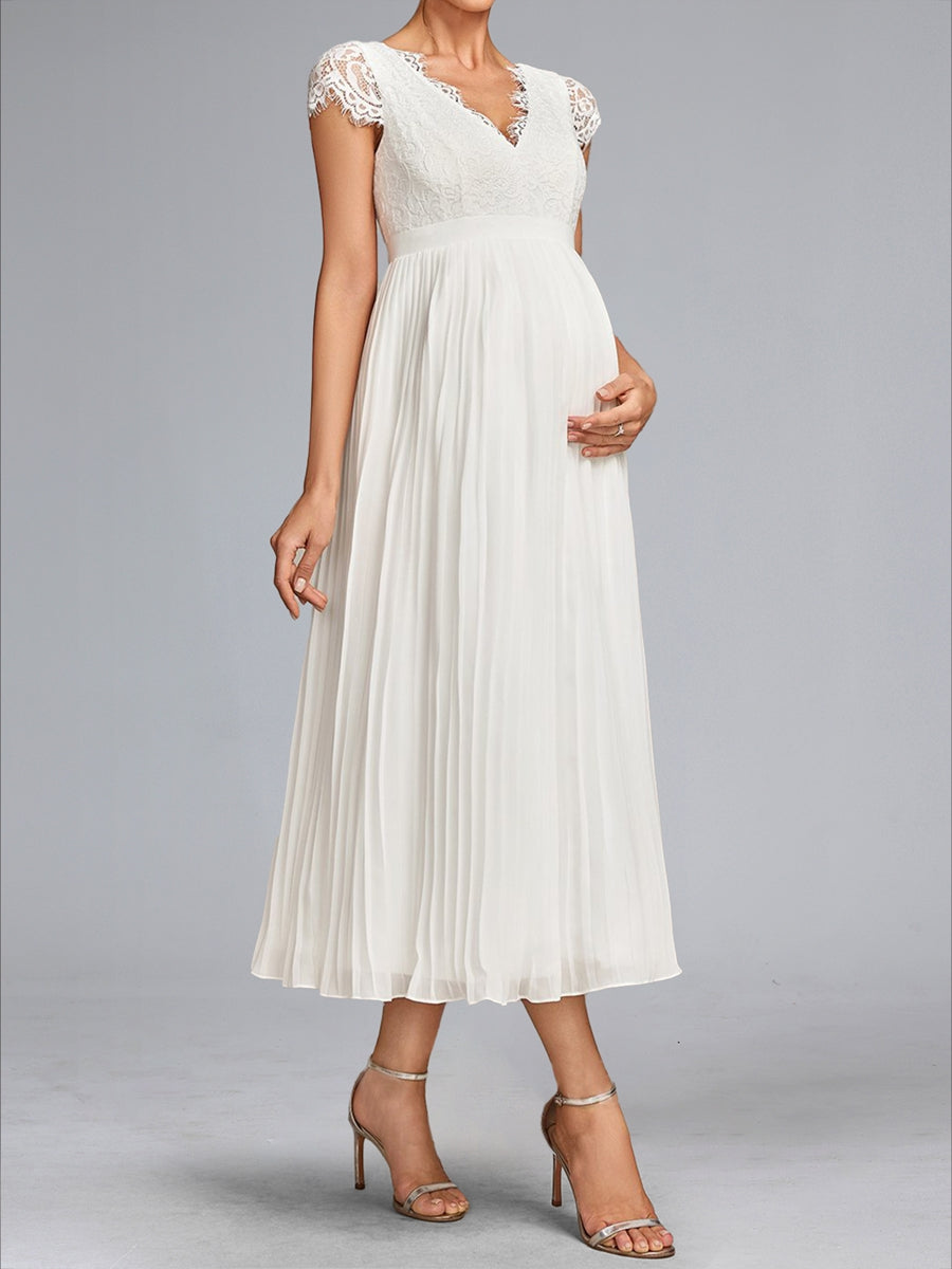 A-Line/Princess V-Neck Tea-Length Chiffon Pleated Maternity Wedding Dresses with Lace