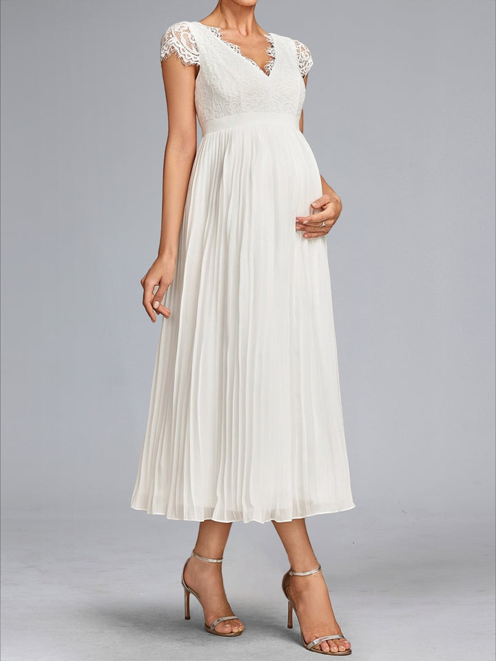 A-Line/Princess V-Neck Tea-Length Chiffon Pleated Maternity Wedding Dresses with Lace