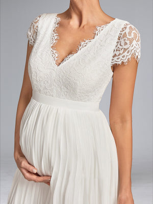 A-Line/Princess V-Neck Tea-Length Chiffon Pleated Baby Shower Wedding Dresses with Lace