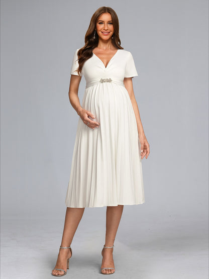 A-Line/Princess V-Neck Tea-Length Short Sleeves Pleated Baby Shower Wedding Dresses with Sash
