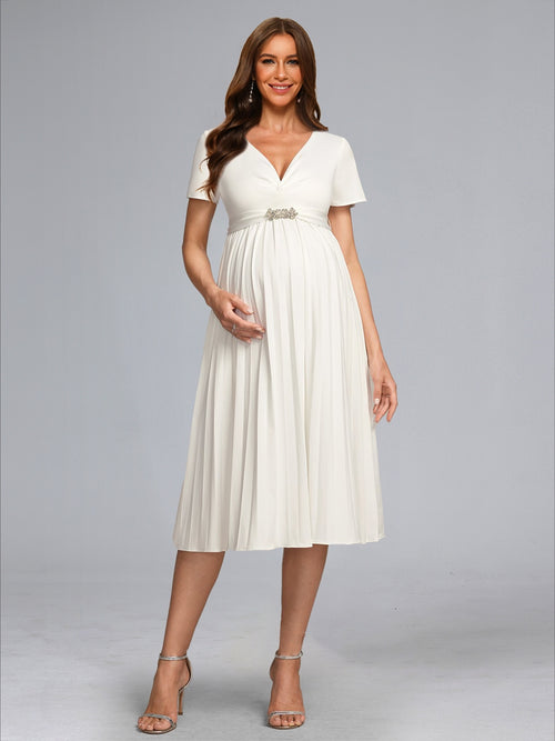 A-Line/Princess V-Neck Tea-Length Short Sleeves Pleated Baby Shower Wedding Dresses with Sash