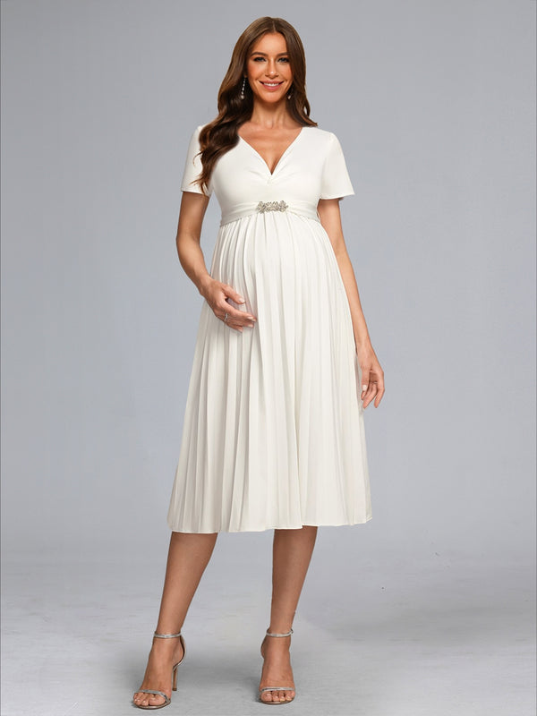 A-Line/Princess V-Neck Tea-Length Short Sleeves Pleated Baby Shower Wedding Dresses with Sash