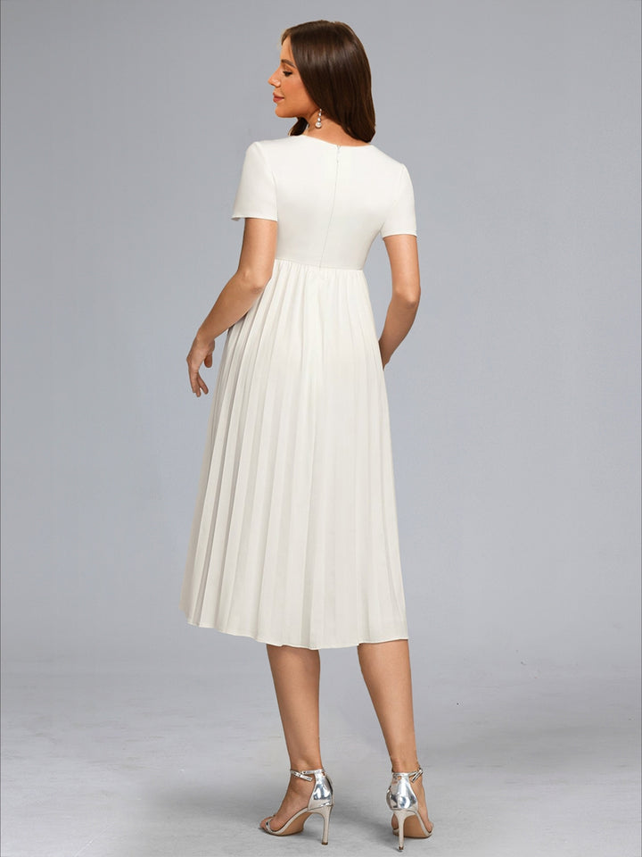 A-Line/Princess V-Neck Tea-Length Short Sleeves Pleated Maternity Wedding Dresses with Sash