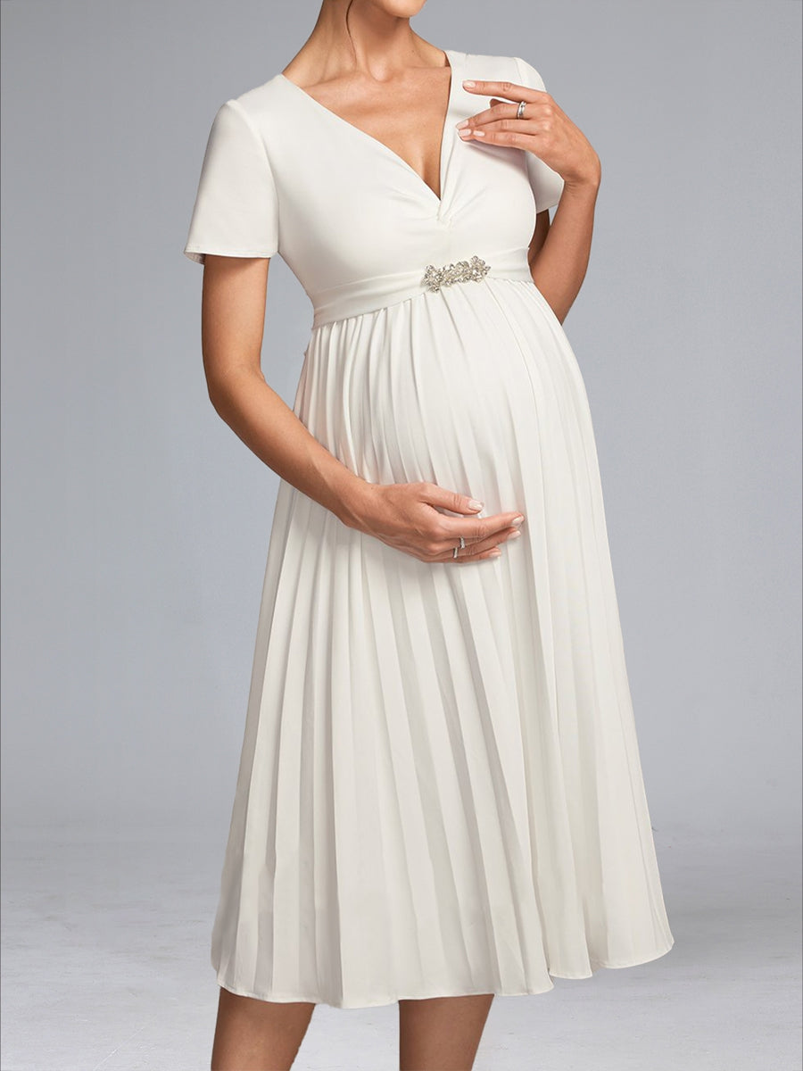 A-Line/Princess V-Neck Tea-Length Short Sleeves Pleated Maternity Wedding Dresses with Sash