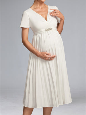 A-Line/Princess V-Neck Tea-Length Short Sleeves Pleated Baby Shower Wedding Dresses with Sash