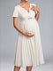 A-Line/Princess V-Neck Tea-Length Short Sleeves Pleated Maternity Wedding Dresses with Sash