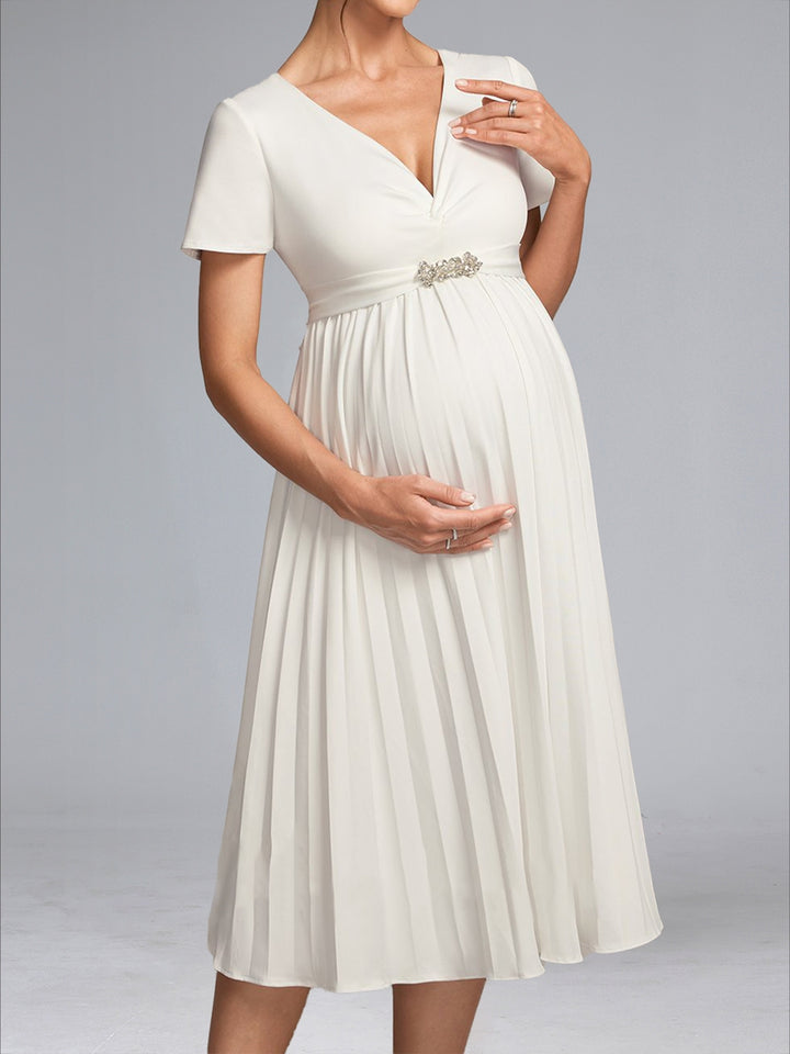 A-Line/Princess V-Neck Tea-Length Short Sleeves Pleated Maternity Wedding Dresses with Sash