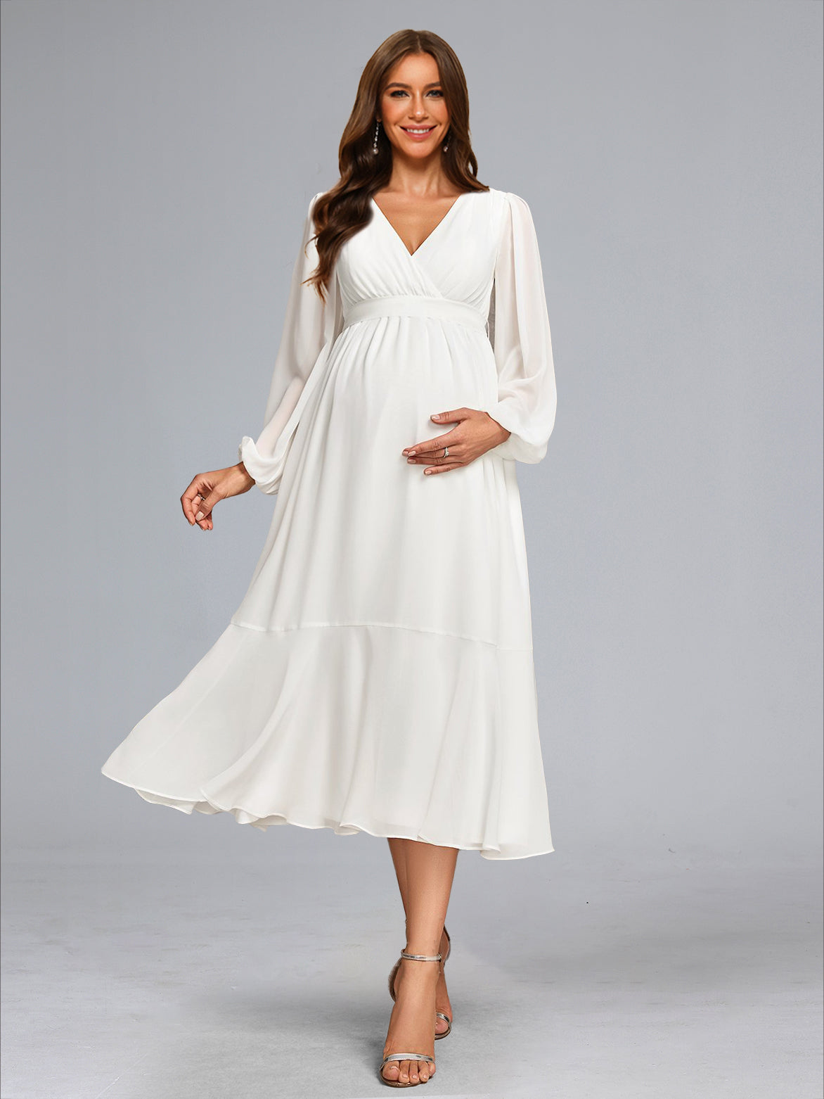 A-Line/Princess V-Neck Tea-Length Long Sleeves Chiffon Maternity Wedding Dresses with Bowknot