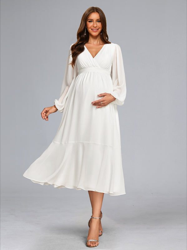 A-Line/Princess V-Neck Tea-Length Long Sleeves Chiffon Baby Shower Wedding Dresses with Bowknot