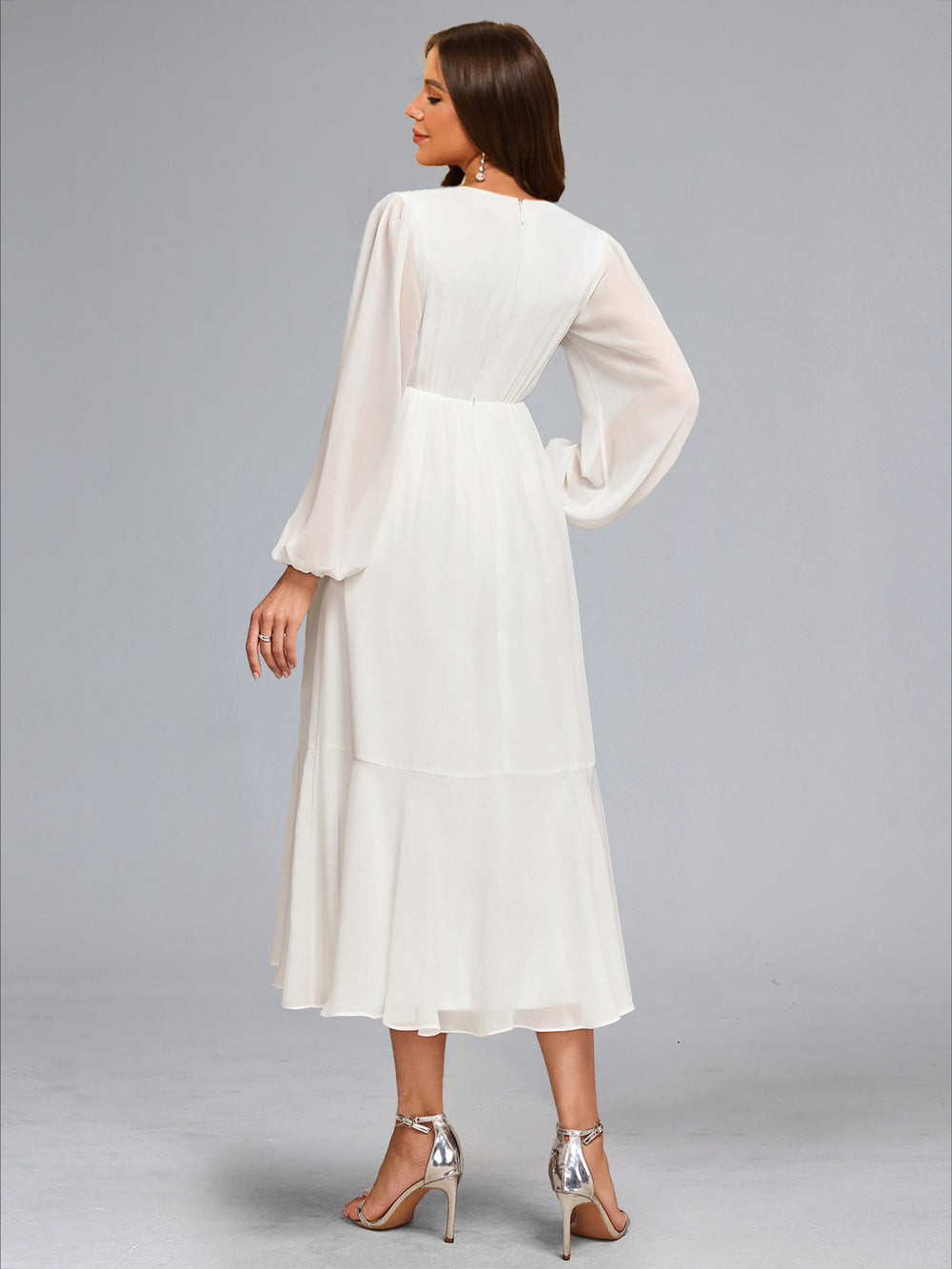 A-Line/Princess V-Neck Tea-Length Long Sleeves Chiffon Baby Shower Wedding Dresses with Bowknot