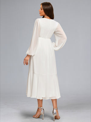 A-Line/Princess V-Neck Tea-Length Long Sleeves Chiffon Baby Shower Wedding Dresses with Bowknot