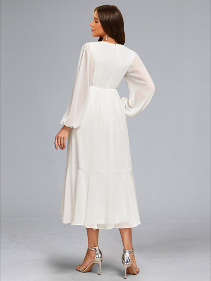 A-Line/Princess V-Neck Tea-Length Long Sleeves Chiffon Baby Shower Wedding Dresses with Bowknot