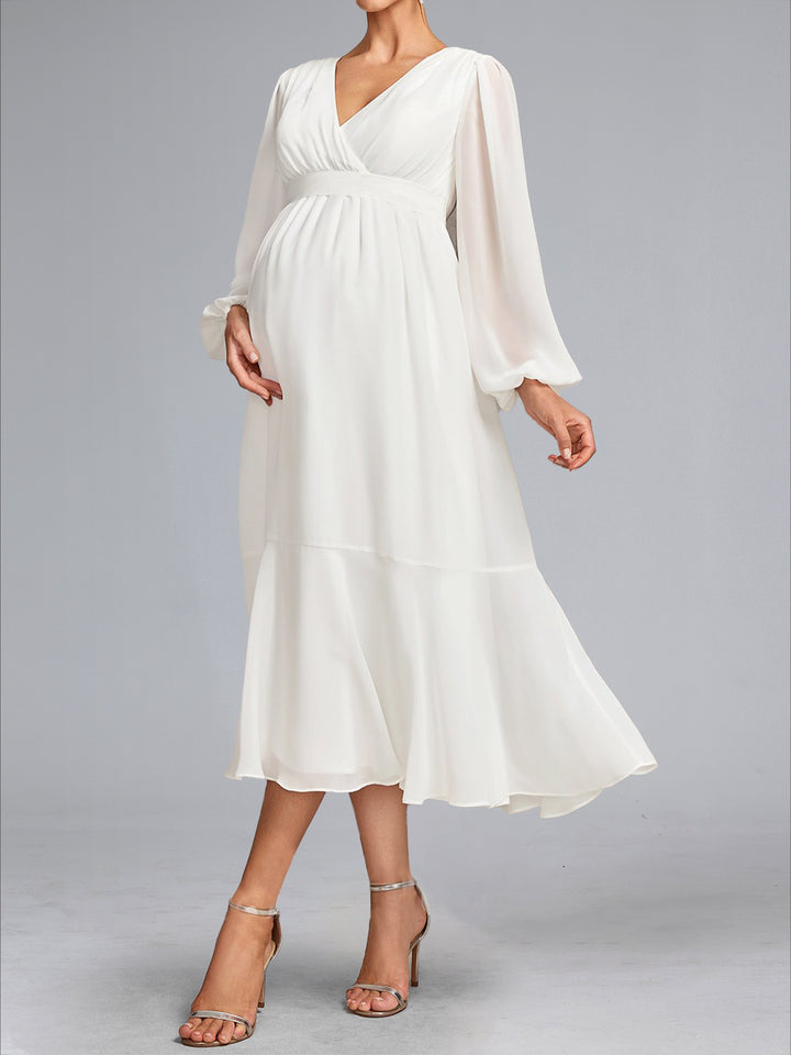 A-Line/Princess V-Neck Tea-Length Long Sleeves Chiffon Maternity Wedding Dresses with Bowknot