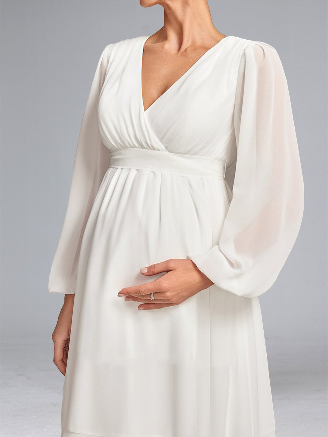 A-Line/Princess V-Neck Tea-Length Long Sleeves Chiffon Maternity Wedding Dresses with Bowknot