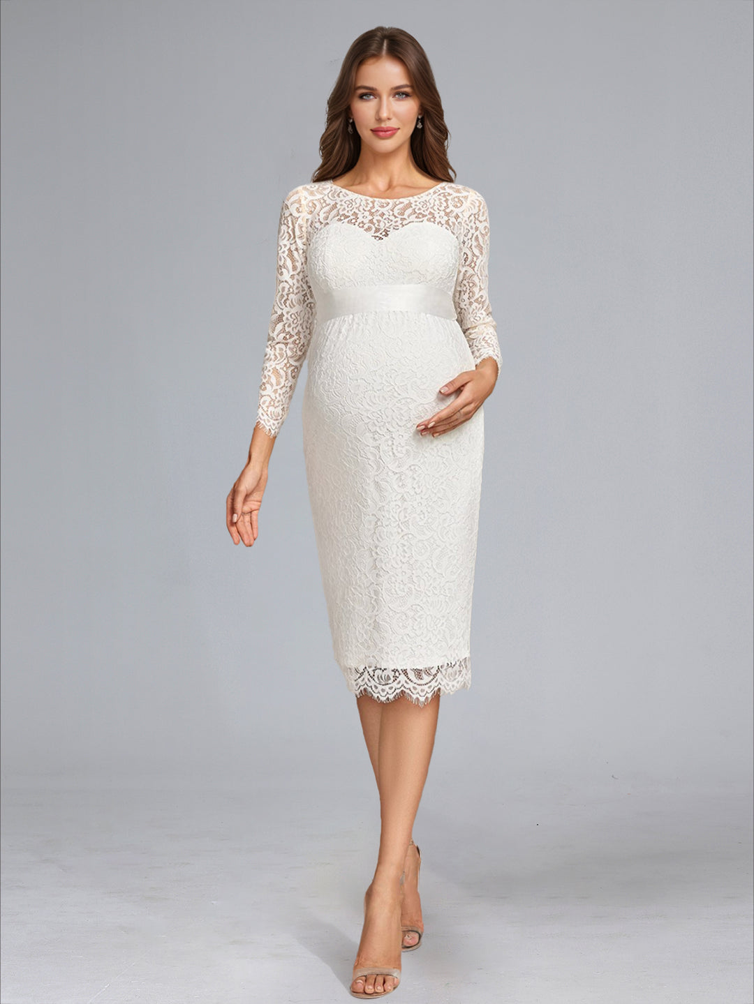 Sheath/Cloumn Scoop Neck Tea-Length Long Sleeves Lace Maternity Wedding Dresses with Bowknot