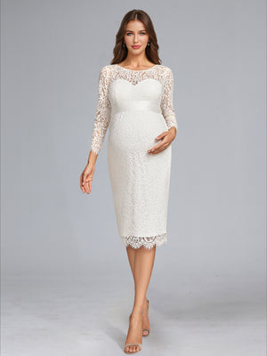 Sheath/Cloumn Scoop Neck Tea-Length Long Sleeves Lace Baby Shower Wedding Dresses with Bowknot