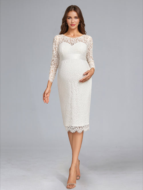 Sheath/Cloumn Scoop Neck Tea-Length Long Sleeves Lace Baby Shower Wedding Dresses with Bowknot