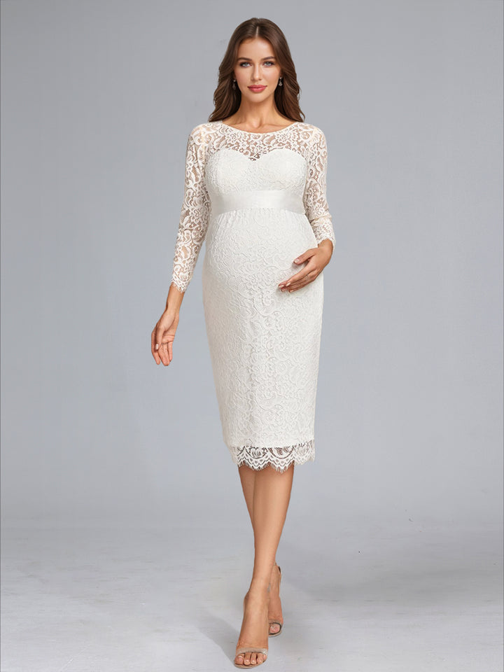Sheath/Cloumn Scoop Neck Tea-Length Long Sleeves Lace Maternity Wedding Dresses with Bowknot