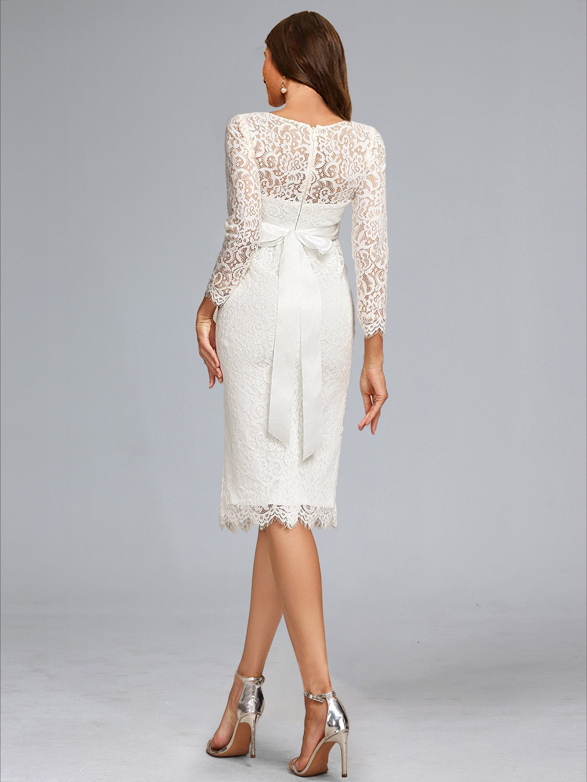Sheath/Cloumn Scoop Neck Tea-Length Long Sleeves Lace Maternity Wedding Dresses with Bowknot