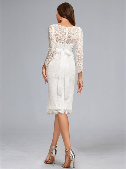 Sheath/Cloumn Scoop Neck Tea-Length Long Sleeves Lace Baby Shower Wedding Dresses with Bowknot