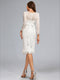 Sheath/Cloumn Scoop Neck Tea-Length Long Sleeves Lace Maternity Wedding Dresses with Bowknot