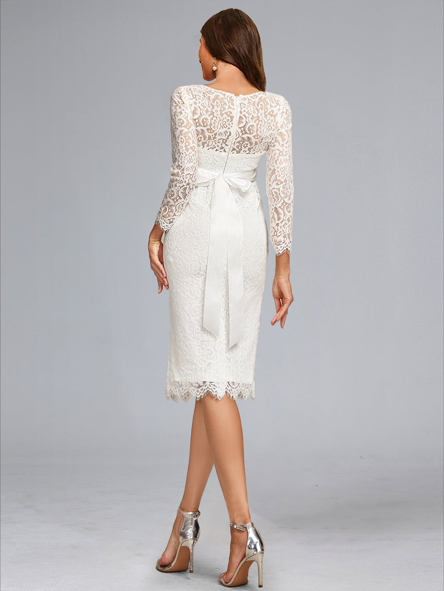 Sheath/Cloumn Scoop Neck Tea-Length Long Sleeves Lace Baby Shower Wedding Dresses with Bowknot