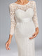 Sheath/Cloumn Scoop Neck Tea-Length Long Sleeves Lace Maternity Wedding Dresses with Bowknot
