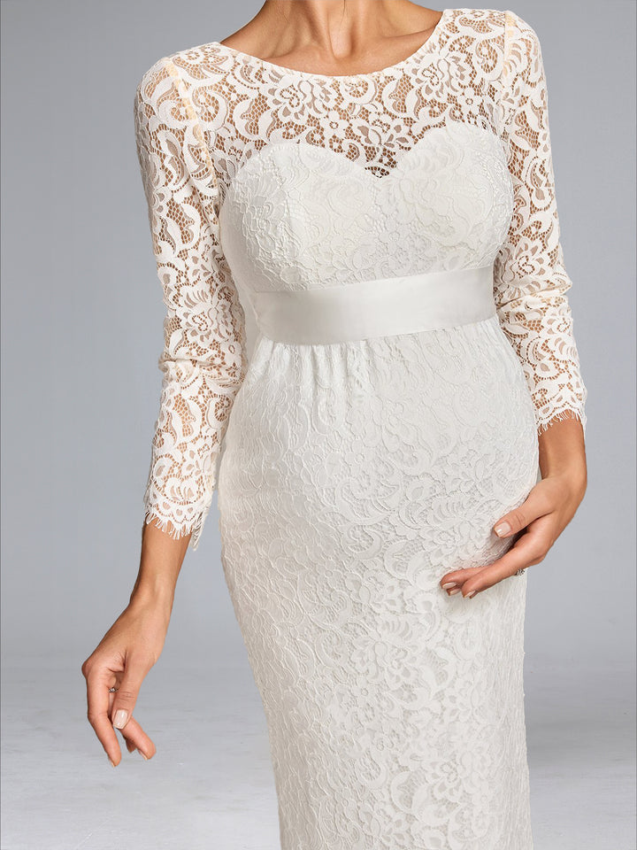 Sheath/Cloumn Scoop Neck Tea-Length Long Sleeves Lace Maternity Wedding Dresses with Bowknot