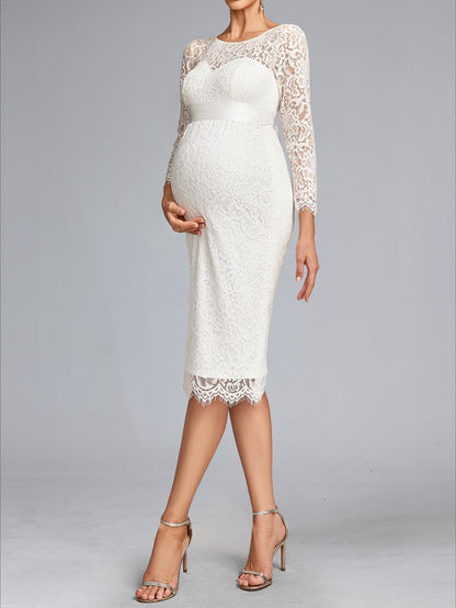Sheath/Cloumn Scoop Neck Tea-Length Long Sleeves Lace Baby Shower Wedding Dresses with Bowknot
