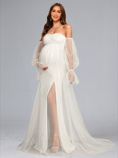 A-Line/Princess Sweetheart Sweep Train Long Sleeves Tulle Baby Shower Wedding Dresses with Side Slit