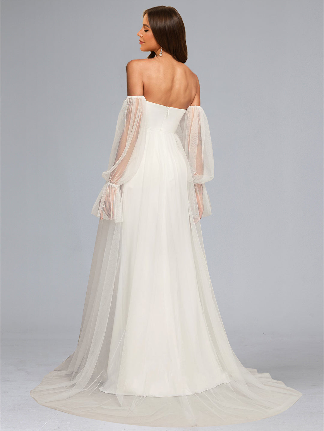 A-Line/Princess Sweetheart Sweep Train Long Sleeves Tulle Maternity Wedding Dresses with Side Slit