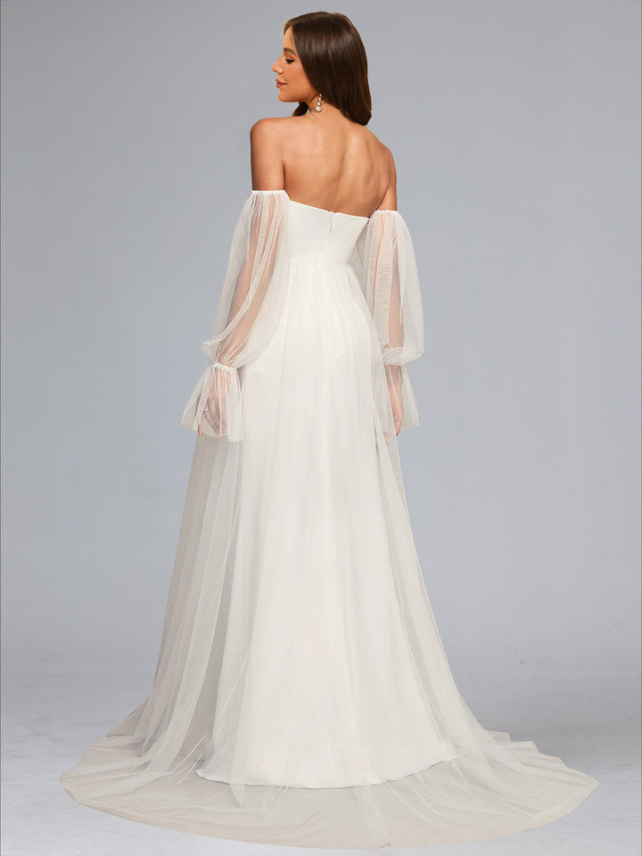 A-Line/Princess Sweetheart Sweep Train Long Sleeves Tulle Maternity Wedding Dresses with Side Slit
