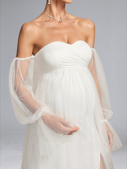 A-Line/Princess Sweetheart Sweep Train Long Sleeves Tulle Baby Shower Wedding Dresses with Side Slit