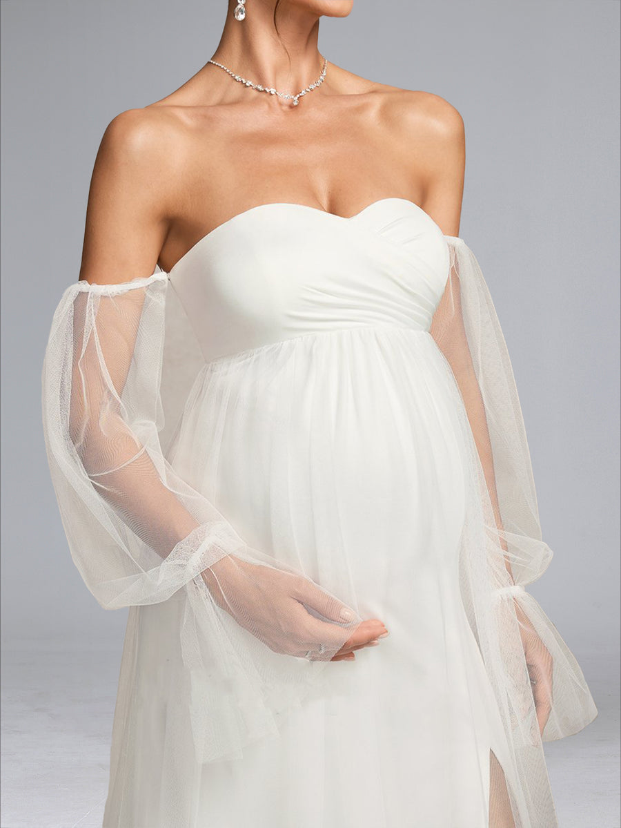 A-Line/Princess Sweetheart Sweep Train Long Sleeves Tulle Baby Shower Wedding Dresses with Side Slit