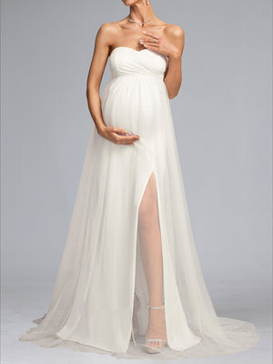 A-Line/Princess Sweetheart Sweep Train Long Sleeves Tulle Baby Shower Wedding Dresses with Side Slit