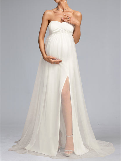 A-Line/Princess Sweetheart Sweep Train Long Sleeves Tulle Baby Shower Wedding Dresses with Side Slit