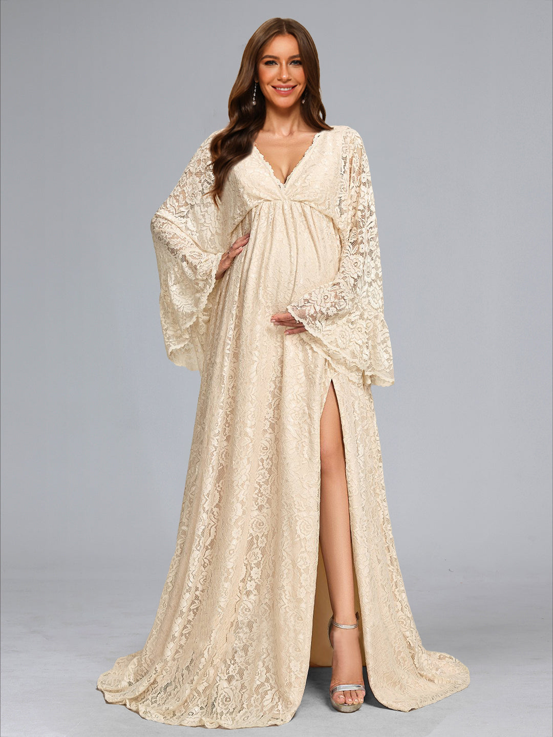 A-Line/Princess V-Neck Sweep Train Long Sleeves Lace Maternity Wedding Dresses with Side Slit