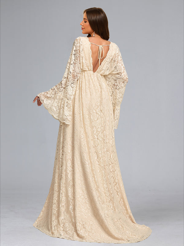 A-Line/Princess V-Neck Sweep Train Long Sleeves Lace Baby Shower Wedding Dresses with Side Slit