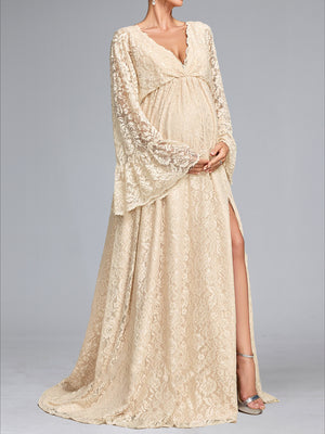 A-Line/Princess V-Neck Sweep Train Long Sleeves Lace Baby Shower Wedding Dresses with Side Slit