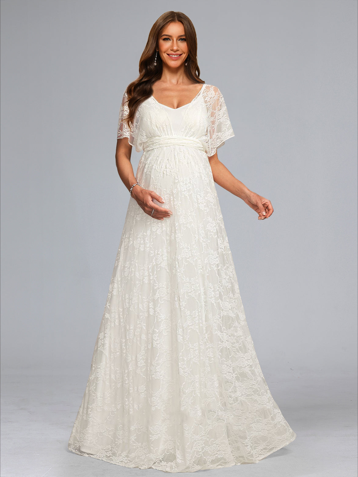 A-Line/Princess V-Neck Floor-Length Short Sleeves Lace Maternity Wedding Dresses