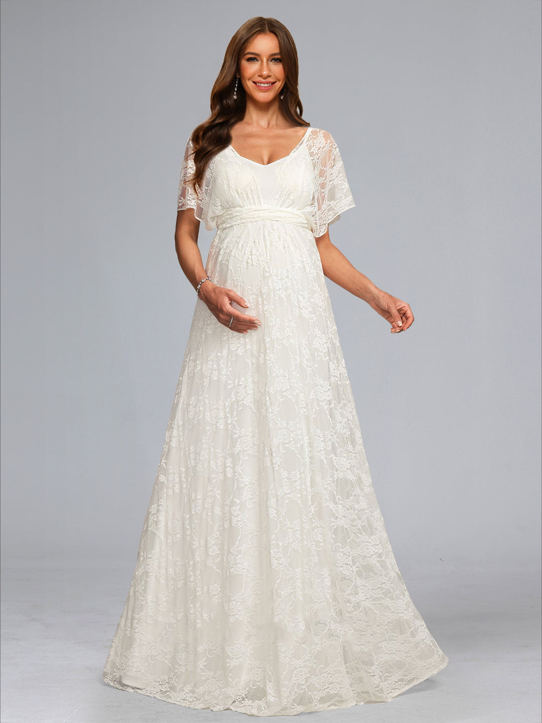 Elegant Ivory A-Line/Princess V-Neck Floor-Length Short Sleeves Lace Maternity Dress Wedding Dresses 2026