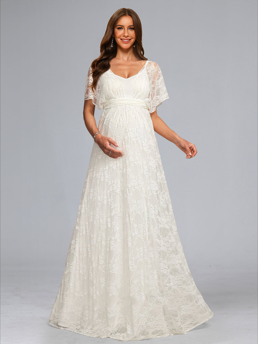 A-Line/Princess V-Neck Floor-Length Short Sleeves Lace Baby Shower Wedding Dresses